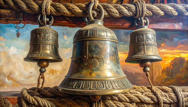 Three ornate bronze bells suspended from a wooden structure against a sunset sky
