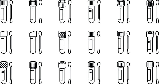 Medical Test Tube and Swab Icon Set with Laboratory Sample Collection Symbols for Healthcare Diagnostics Research and Clinical Line Design Collection