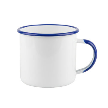 White enamel mug with blue rim isolated on a transparent background