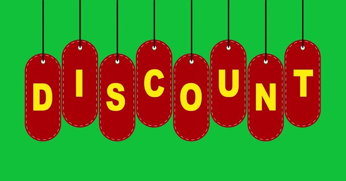 Red discount tags with yellow letters hanging on green background several