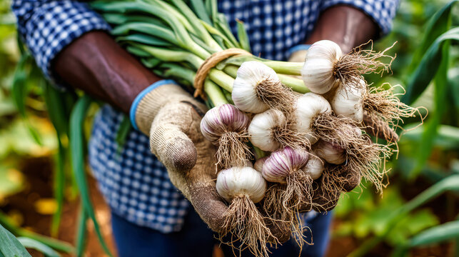 A person picks garlic from the ground and holds a large bunch in both hands. The setting shows a farm with green plants around