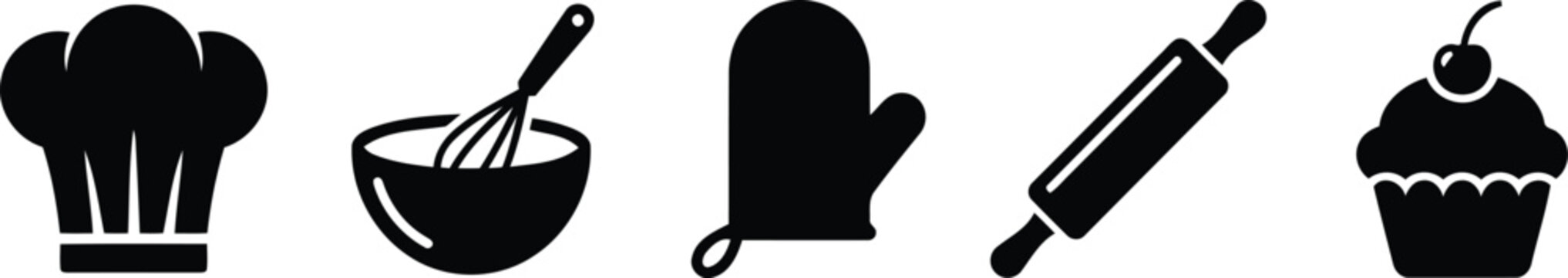 Black baking icons set including chef hat, mixing bowl, oven mitt, rolling pin, and cupcake