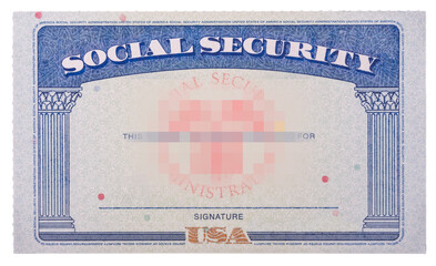 Blank and empty unfilled USA social security card with the center personal details area deliberately pixelated to hide the identify. © steheap