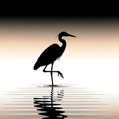 Fototapeta premium Minimalist heron silhouette standing in water, elegant crane bird profile with water ripples, serene wildlife sunset background