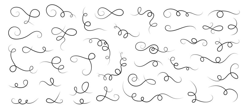 Collection of variegated curling calligraphy ornaments, looping flourishes with thick and thin strokes, scattered across white background. Vector illustration