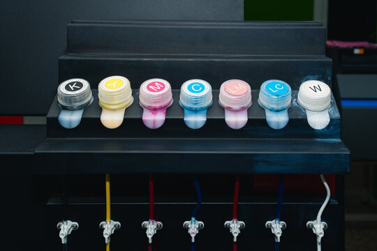 Industrial large format printer ink tanks filling up