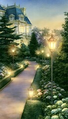 Fototapeta premium Elegant mansion garden illustration evokes timeless luxury calm and romantic estate beauty bathed in twilight hues