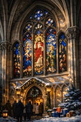 Fototapeta premium Snowy Christmas church entrance with Gothic cathedral architecture, stained glass and decorations