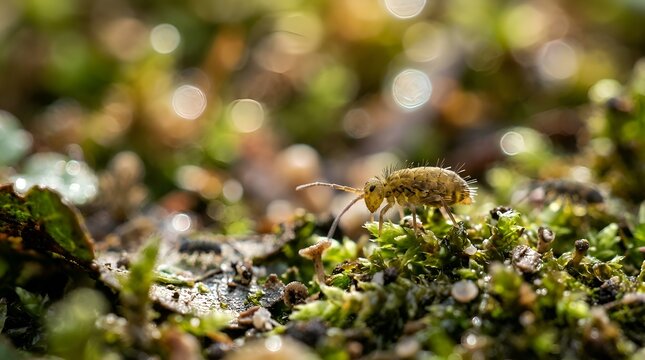 Macro Shot of a Globular Springtail Crawling on Mossy Forest Floor