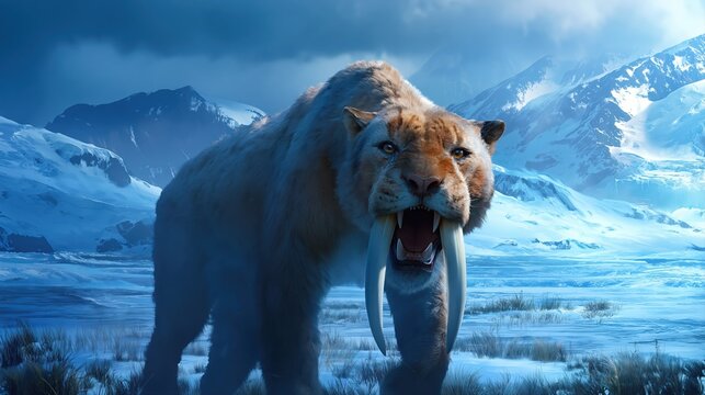 A powerful sabertooth tiger prowls a frozen prehistoric landscape under a cold blue sky. Its long curved fangs and thick fur evoke the dramatic Ice Age wilderness.