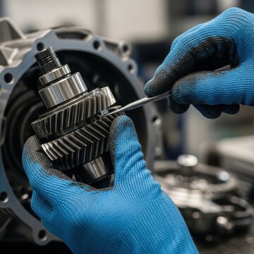 Close-up of a mechanic's gloved hands carefully assembling or repairing metal gears within a car transmission.