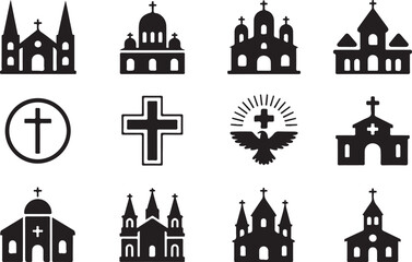 Fototapeta premium Set of black silhouette church buildings and religious symbols including crosses dove and sunburst on transparent background.