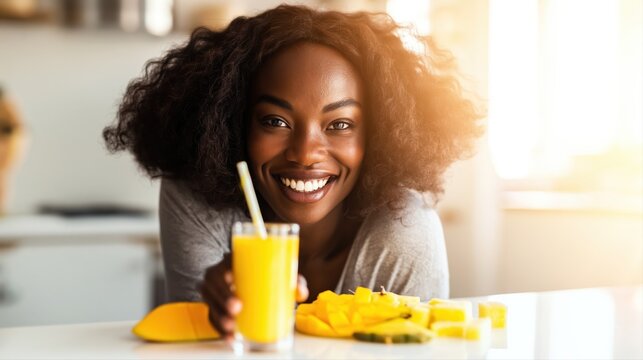 A smiling woman enjoys a bright yellow mango smoothie in a sunlit modern kitchen. Fresh mango and pineapple pieces add a tropical, vibrant touch to this healthy drink scene.