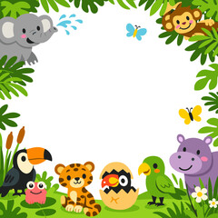 Obraz premium A decorative tropical green jungle frame border with lush leaves and vines on transparent background. Exotic botanical border for invitation cards, posters and nature-themed designs.