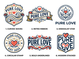 Naklejka premium Pure Love logo collection, six professional vector emblems with unique typography styles, white background