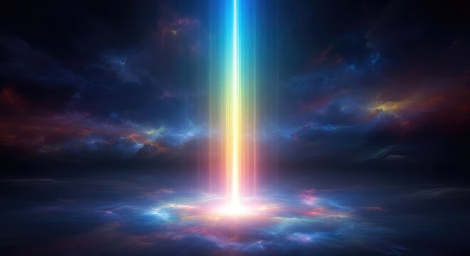 Abstract visualization of ascending light filling an endless, nebulous void, representing spiritual potential and limitless universal space, nebula, horizon, blank