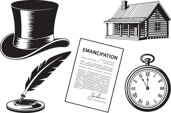 Historical antique objects representing Abraham Lincoln emancipation proclamation cabin top hat quill pen and pocket watch.