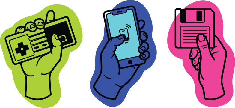 Retro vector illustrations of technology devices. Graphics covering gaming and digital memory concepts. Elements for app interface in line art style.
