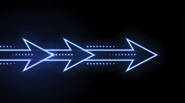 Animation of neon arrows with dots on dark background. Right directional swipe arrow loop. 