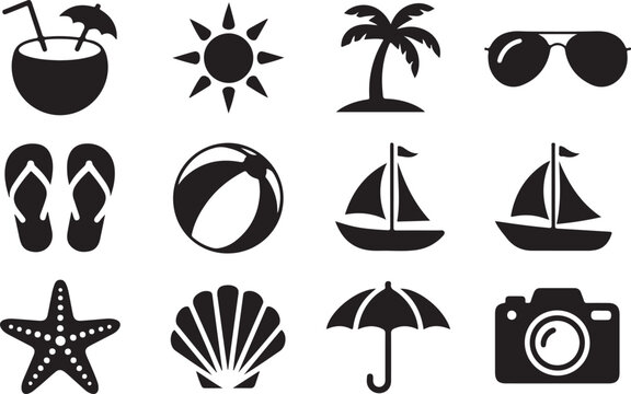 Summer beach vacation icons set coconut drink sun palm tree sunglasses flip flops beach ball boat camera isolated.