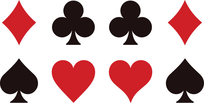 Playing cards icon set, poker flat card suits symbols collection, vector illustration for wallpaper, fabric patterns, casino games, card symbols and decorative design elements.