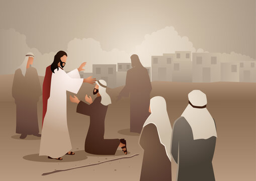 Biblical vector illustration series. Jesus heals the blind man