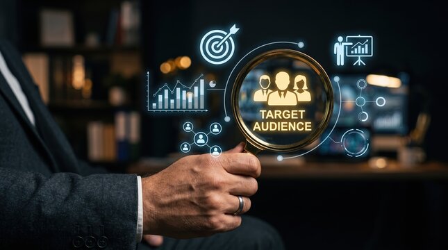Man holding magnifying glass over holographic screen showing target audience analysis with charts and icons marketing audience analysis strategy research demographics customer hologram
