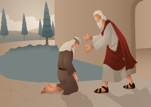 Biblical vector illustration series, parable of the prodigal son, return home biblical illustration, father forgiveness christian art
