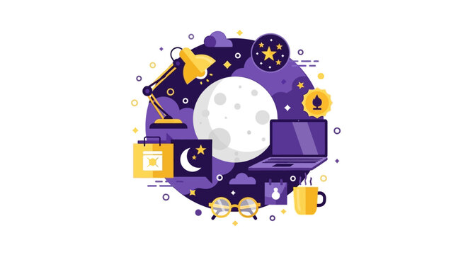 Flat Vector Illustration of Nighttime Work and Freelance Productivity Concept with Laptop, Moon, Desk Lamp, and Stars
