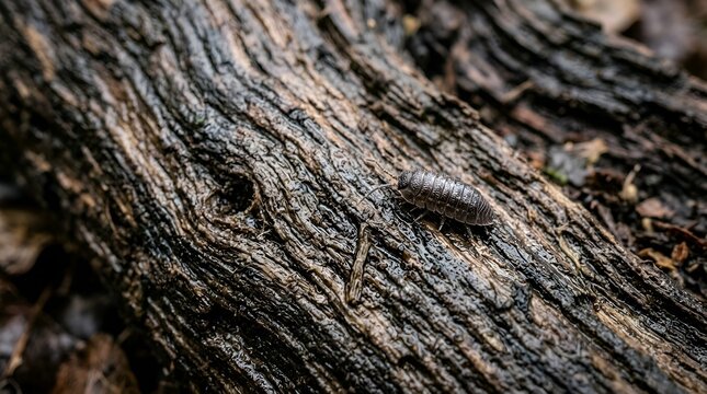 Macro Shot of a Woodlouse Crawling on a Wet Decaying Log