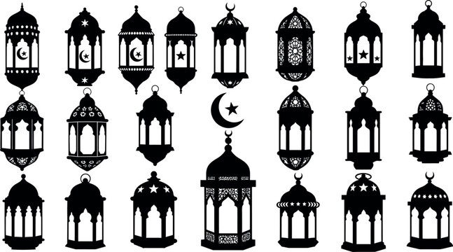 Collection of black lanterns and crescent moon isolated on white background for ramadan