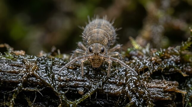 Extreme Macro Shot of a Globular Springtail on Wet Wood