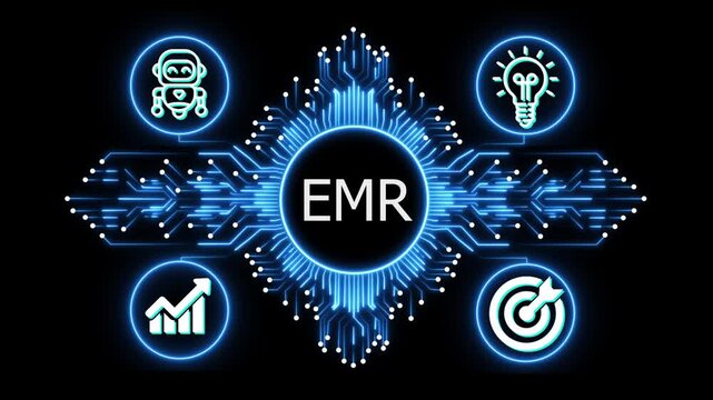 EMR logo on glowing circuit board network, connected business icons for finance, analytics, partnership, growth and innovation on black background