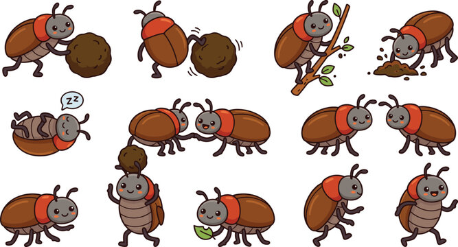 Cute Beetle Cartoon Character Set with Various Actions and Behaviors for Kids Design and Insect Mascot Illustration Isolated on White Background