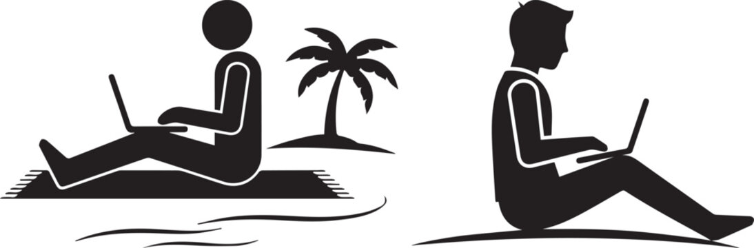 Digital nomad silhouette icons, remote worker using laptop on tropical beach, freelance business man working outdoors under palm tree vector