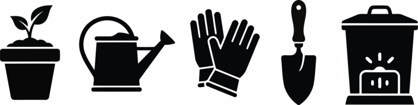 Black icons of gardening tools and plant