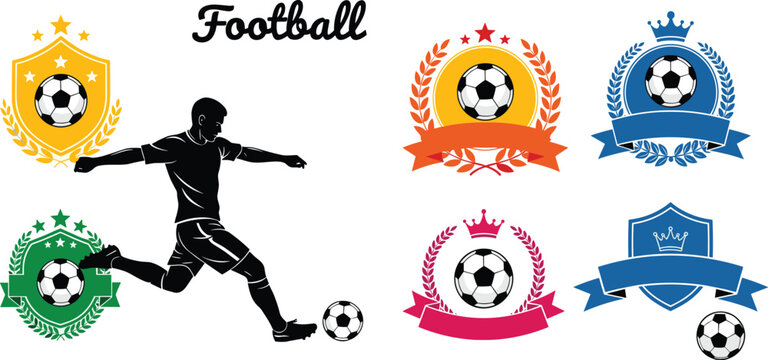 Set of soccer football badges and player silhouettes with colorful championship crests laurel wreaths crowns and blank ribbons for sports branding.