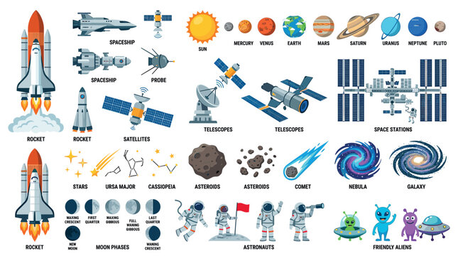 Rocket spaceship probe satellite telescope space station planet sun star asteroid comet nebula galaxy astronaut alien icon set vector illustration