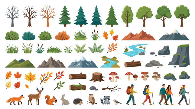 Trees bushes grass mountains river rocks logs mushrooms animals hikers icons set, flat vector illustration