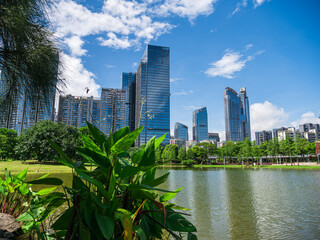 Shenzhen urban lake park with modern skyline under blue sky © DoThi
