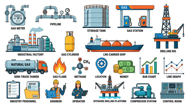 Gas meter pipeline storage tank station drilling rig factory cylinder LNG carrier ship icons set