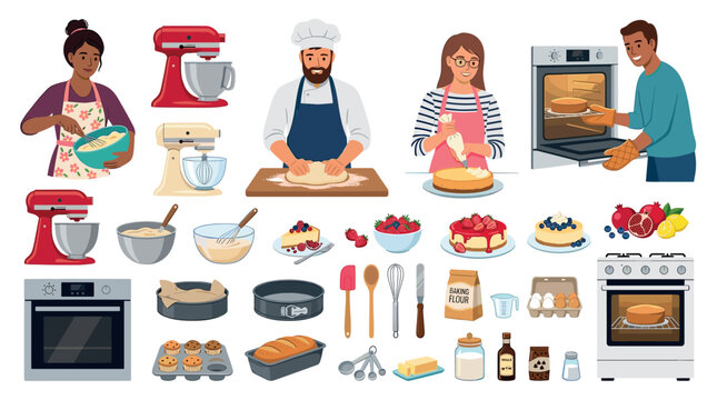 People baking cakes, muffins, and bread with kitchen appliances, ingredients, and tools, vector illustration set