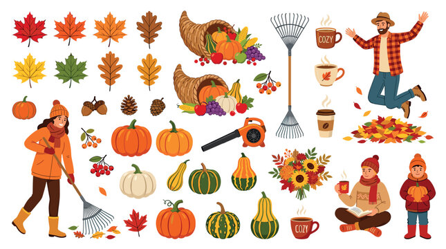 Autumn leaves pumpkins cornucopia rake leaf blower coffee cups people icons set, fall season harvest flat vector illustration
