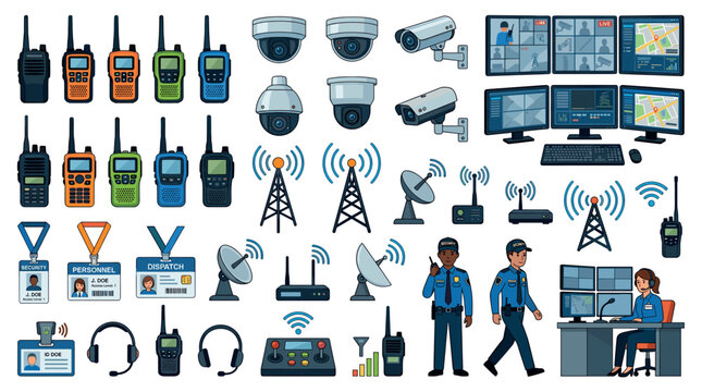 Walkie talkie radio surveillance camera monitor security guard communication equipment icon set vector illustration