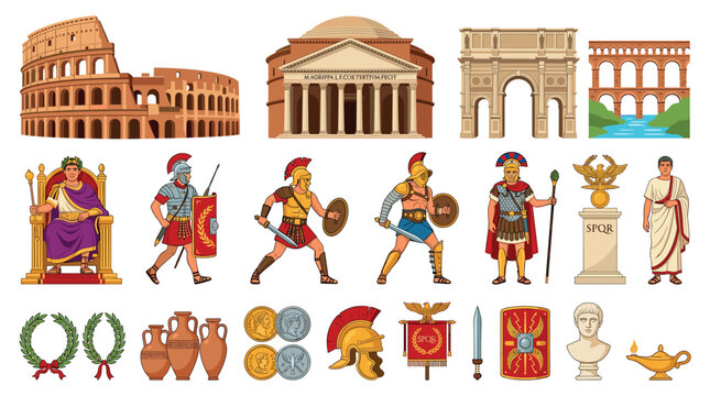 Colosseum Pantheon aqueduct arch emperor legionary gladiator Roman empire history objects cartoon icons set