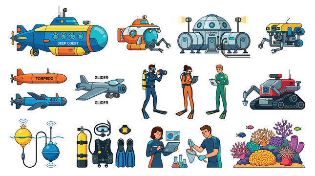 Submarine torpedo glider AUV divers research base coral reef icons set, depicting underwater exploration and marine science in a flat vector illustration style