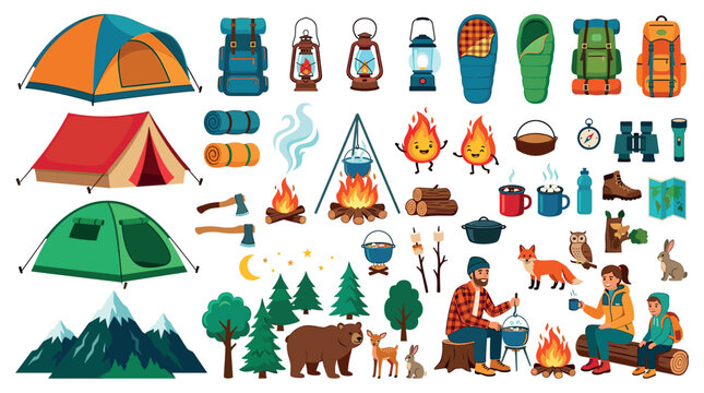 Camping tent backpack lantern sleeping bag campfire icons with people, animals, and nature elements vector illustration set