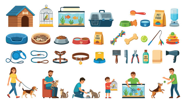 Dog house bird cage fish aquarium pet carrier food bowls leash collar grooming tools shampoo dryer toys people with pets flat icon set