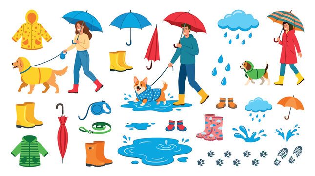 People walking dogs with umbrellas, raincoats, rubber boots, puddles, and raindrops, a flat vector illustration set