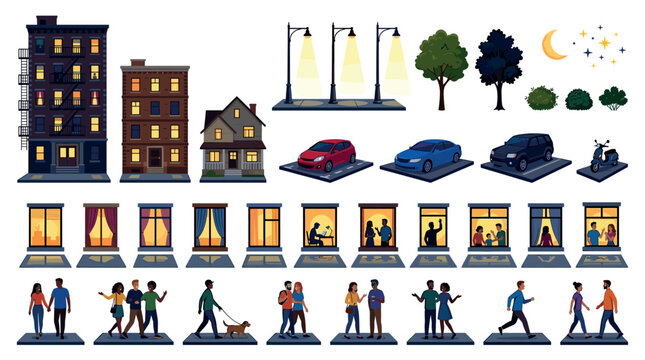City buildings house streetlights trees cars scooter moon stars windows people walking talking waving vector illustration set